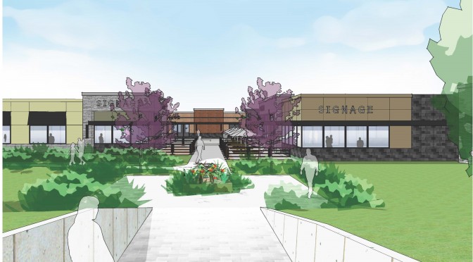 Rendering of a concept retail entrance. The 75 Billy Bishop Way site offers direct connection to the Wilson Subway station, frontage on Wilson Ave. and visibility from the southbound Allen Expressway. Build Toronto’s vision for the site proposes 50,000 square feet of retail to meet the needs of the growing community.