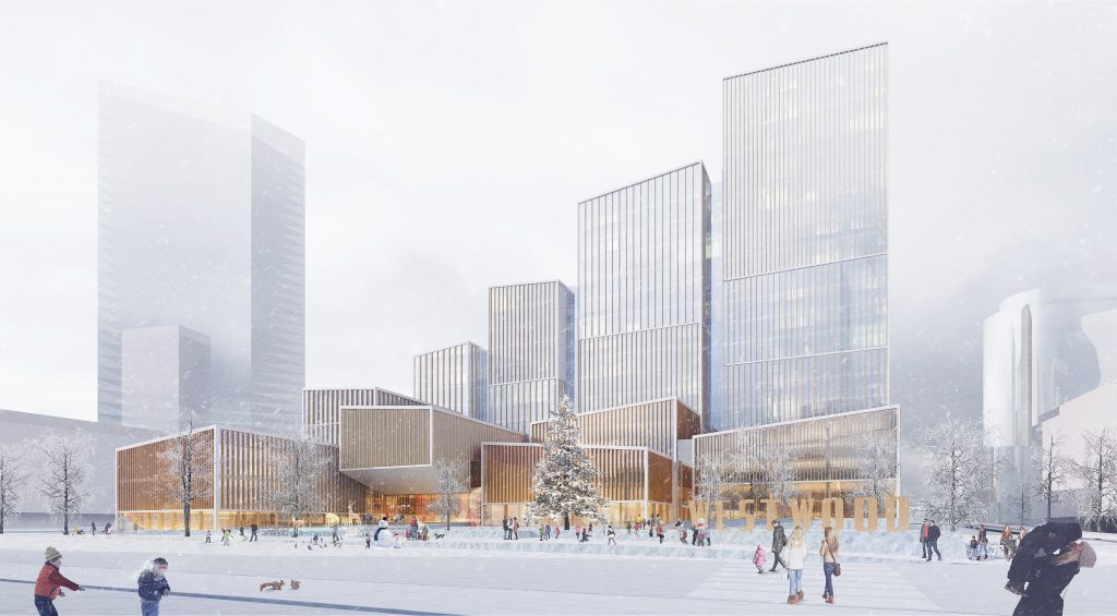 Photo credit: Adamson Associates/Henning Larsen/PMA - Winter view rendering of the Etobicoke Civic Centre and Westwood Square seen from Dundas Street