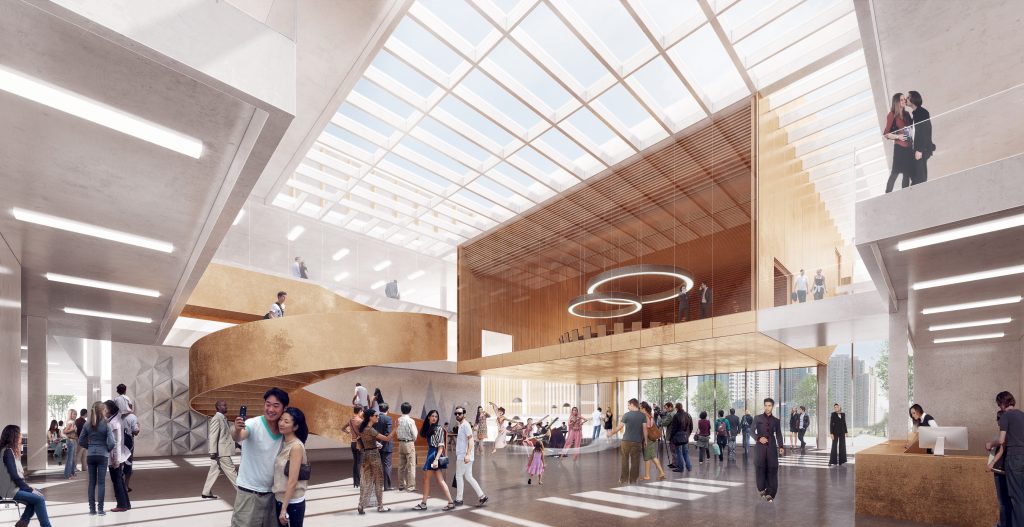 Photo credit: Adamson Assoicates/Henning Larsen/PMA - View from main entrance towards the atrium and Council Chamber rendering