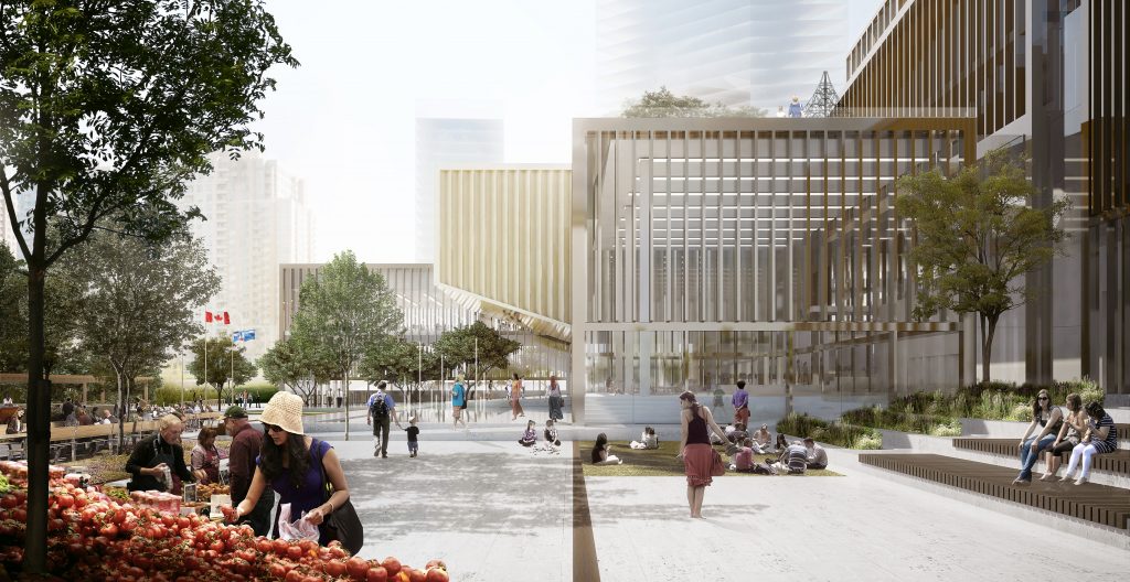 Photo credit: Adamson Associates/Henning Larsen/PMA - View of the Farmers' Market rendering on Westwood Square