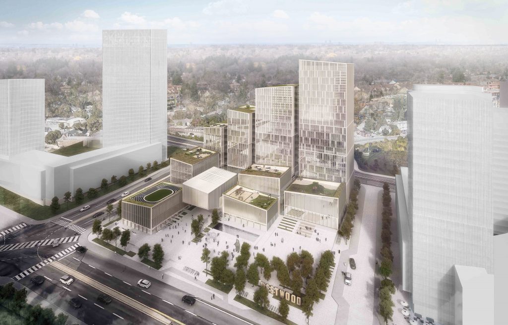 Photo credit: Adamson Associates/Henning Larsen/PMA - Birds-eye view rendering of the Etobicoke Civic Centre and Westwood Square