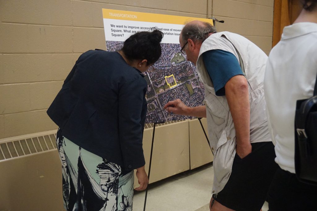 Salima Rawji of Build Toronto engaging with a community member at the Transportation Interactive Breakout Session