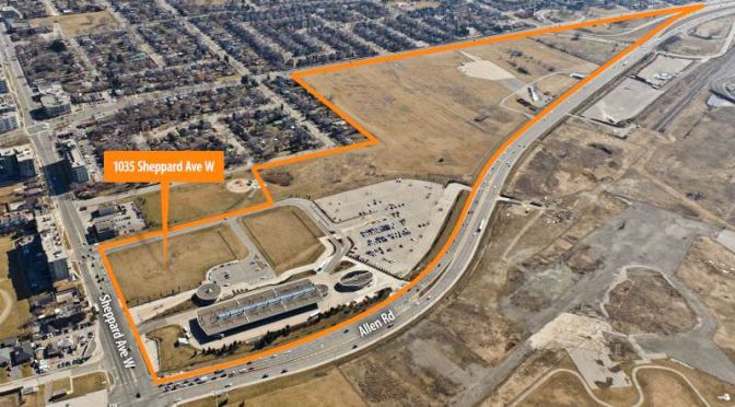 Southeast aerial view of the site at 1035 Sheppard Avenue West (Downsview Lands)